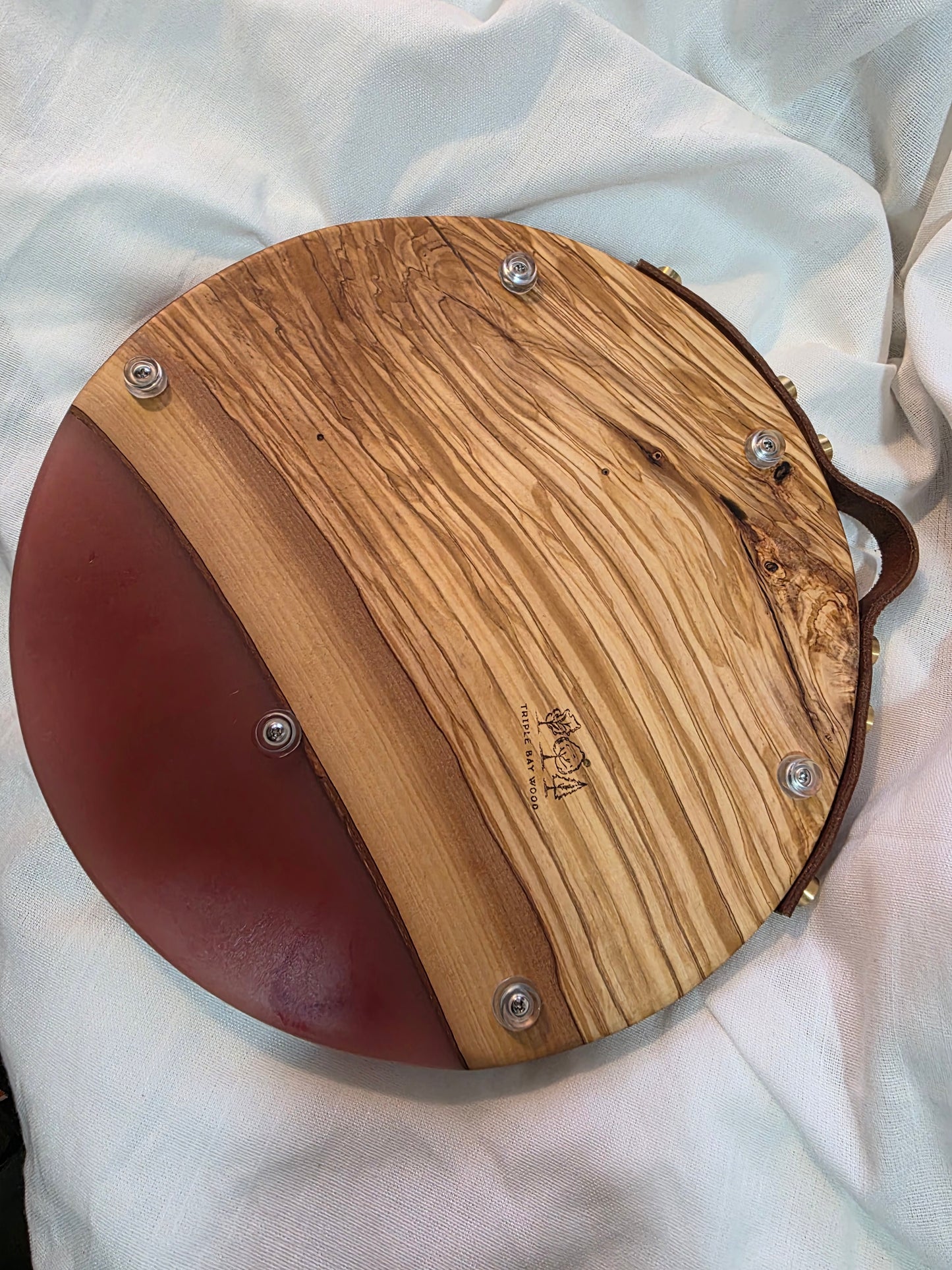 Olivewood and Red Resin Round Board with Leather Handle