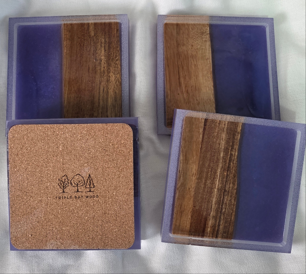 Handcrafted Acacia & Purple Resin Coasters - Square