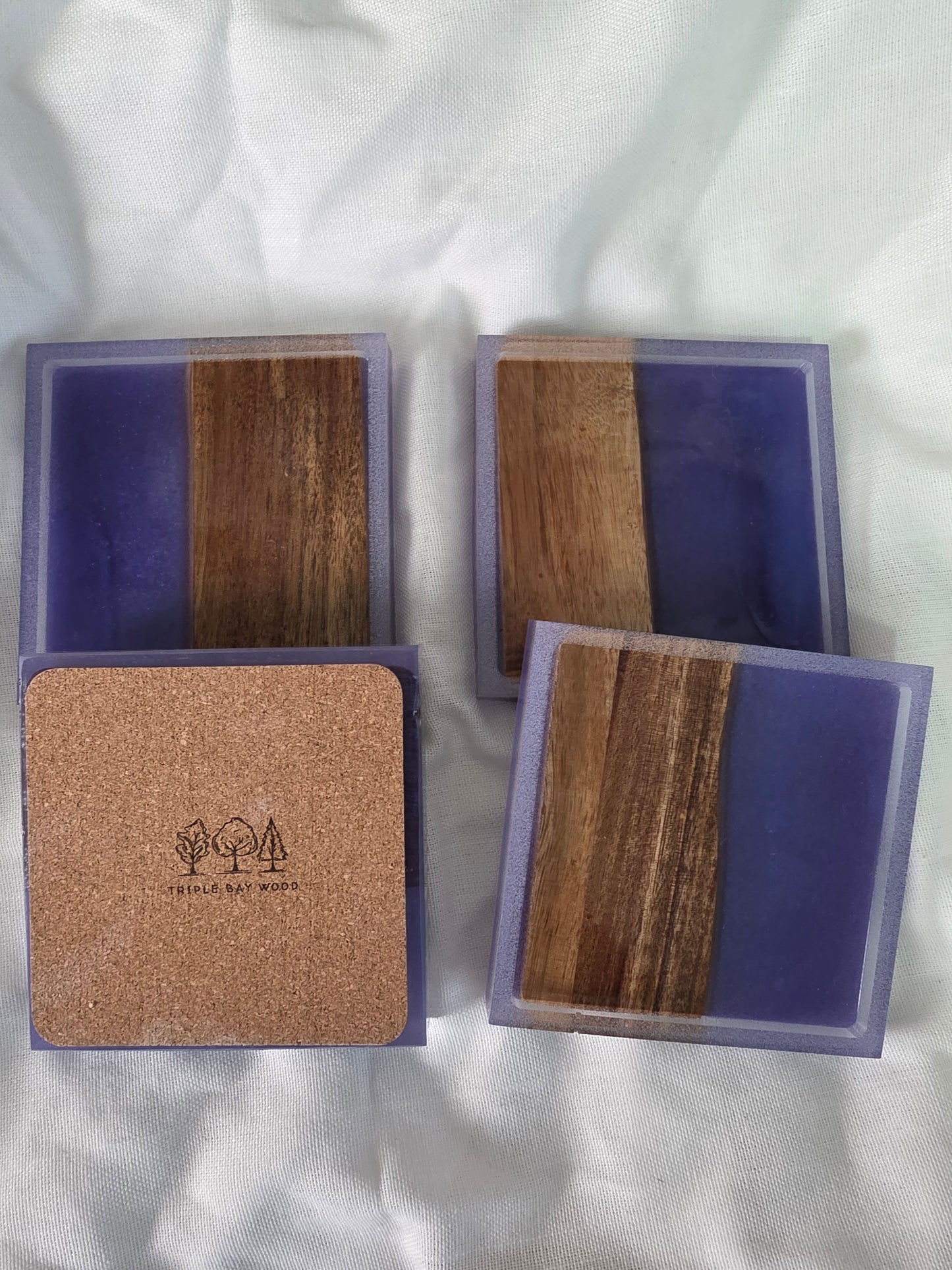 Handcrafted Acacia & Purple Resin Coasters - Square