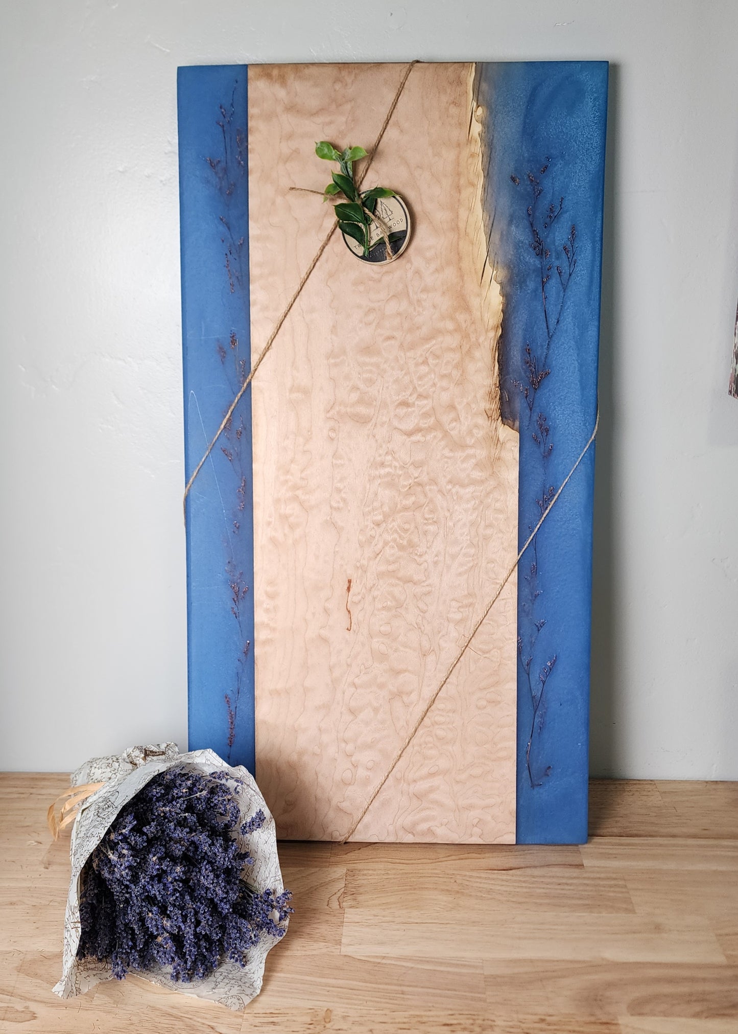 Big Leaf Quilted Maple and Pacific Blue Resin Board with Lavender Flowers