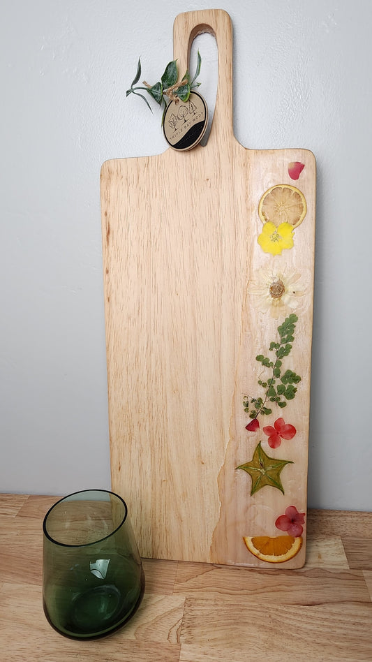 Wood Paddle Charcuterie Board with Dried Flowers and Fruit and Opal Resin