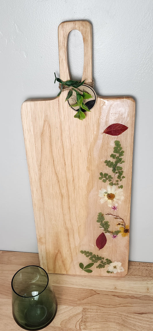 Wood Paddle Charcuterie Board with Dried Flowers and Leaves and Opal Resin