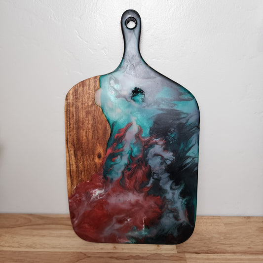 Acacia and Resin Pour Over Paddle Serving Board Red and Green