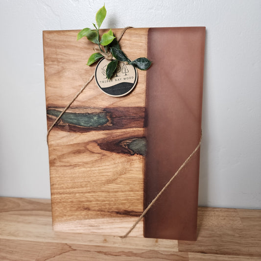 Bark Pocket Hickory Wood and Peach and Green Resin Serving Board