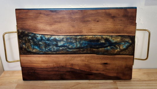 Walnut with Blue and Gold Resin with Gold Handles