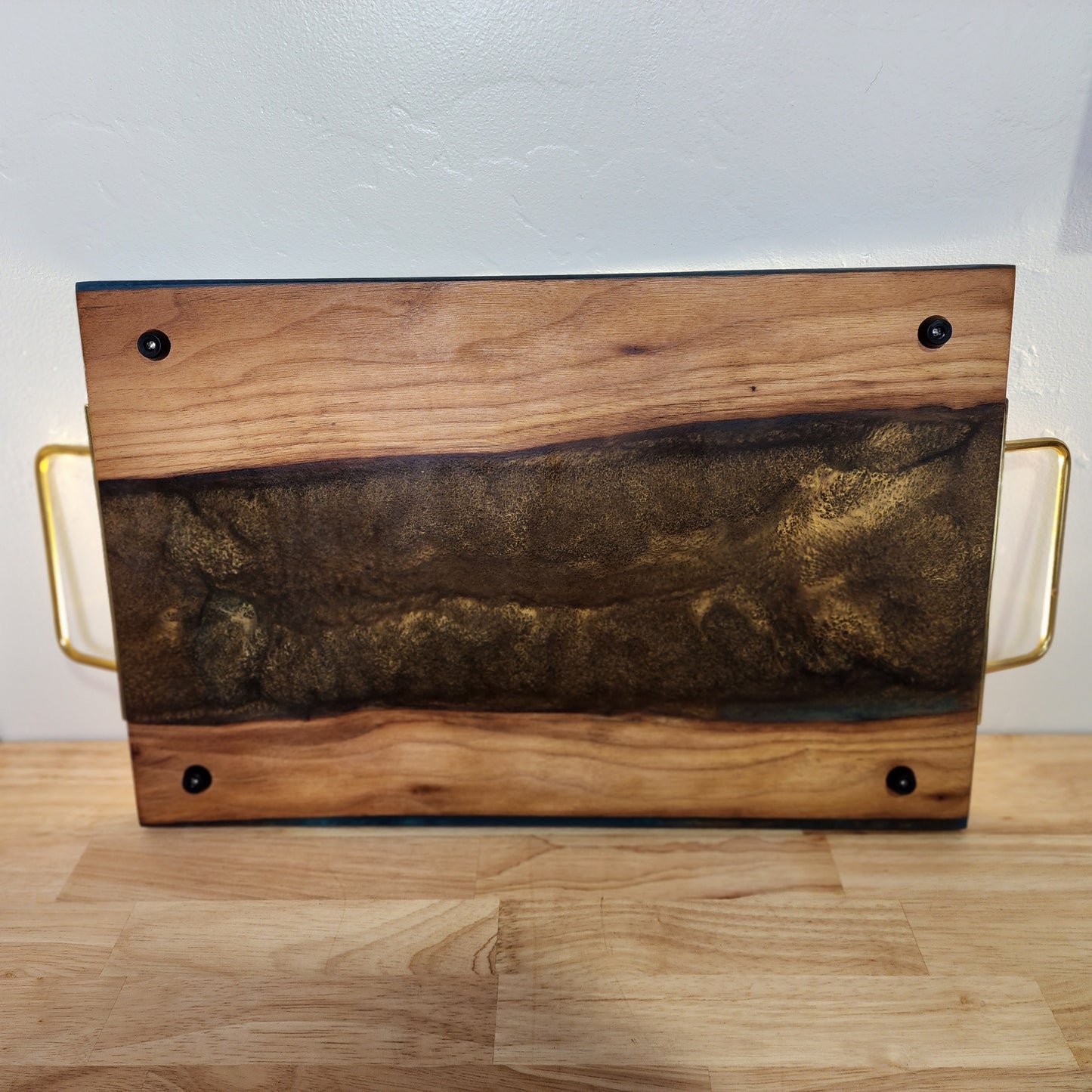 Walnut with Blue and Gold Resin with Gold Handles