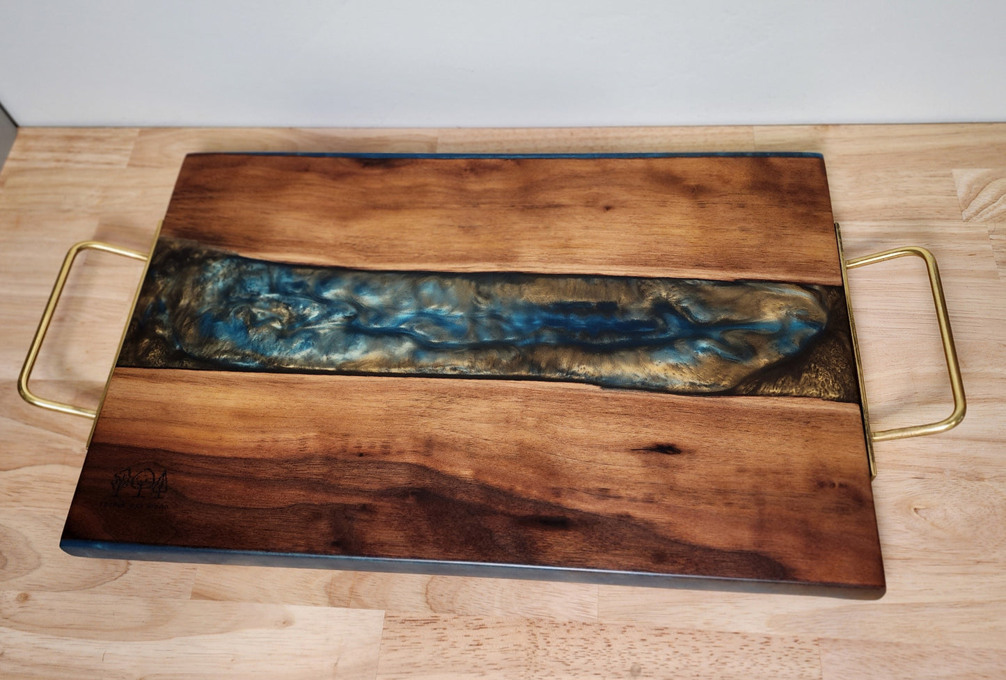 Walnut with Blue and Gold Resin with Gold Handles