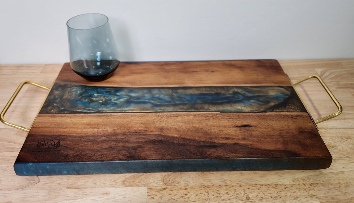 Walnut with Blue and Gold Resin with Gold Handles