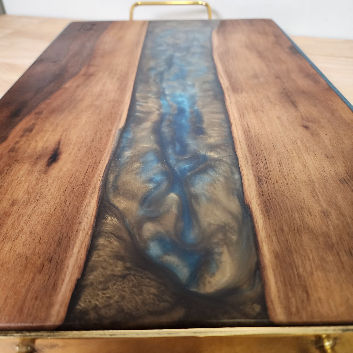 Walnut with Blue and Gold Resin with Gold Handles