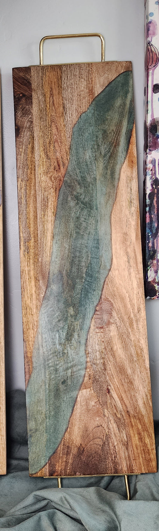 Extra large charcuterie / serving board with sea green and gold handles