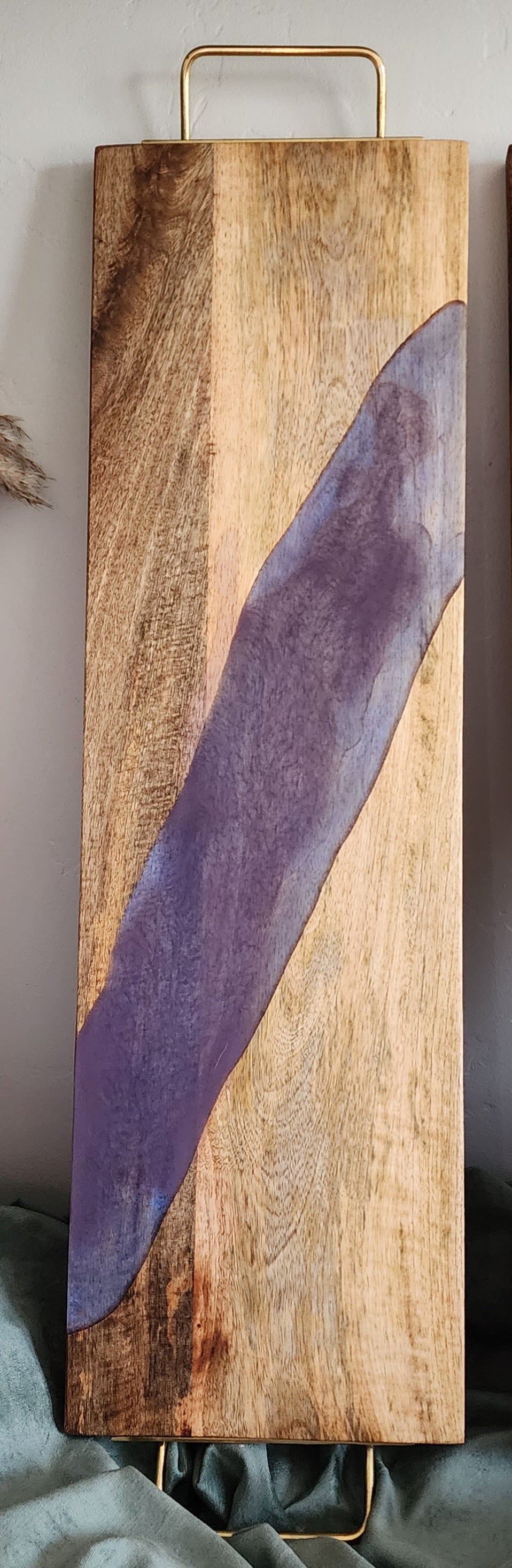 Extra large charcuterie / serving board with purple resin river and gold handles