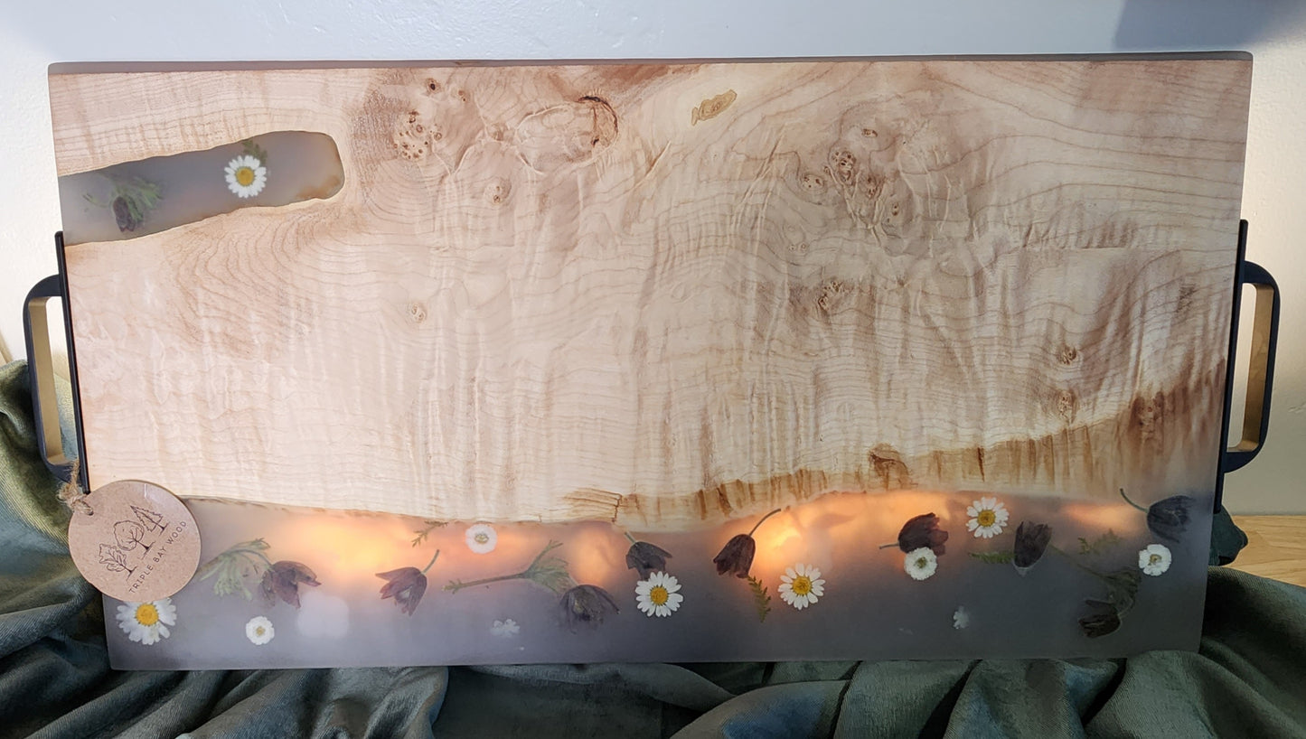 Extra Large Curly Maple and Resin with Flowers with Gold Handles