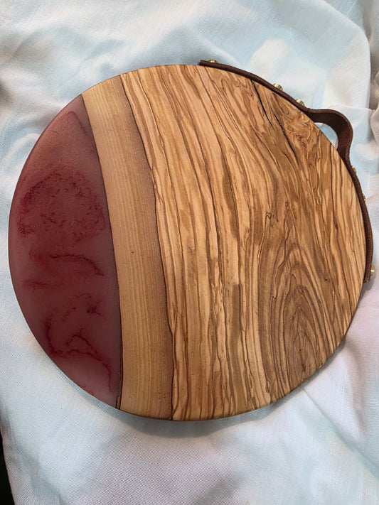 Olivewood and Red Resin Round Board with Leather Handle
