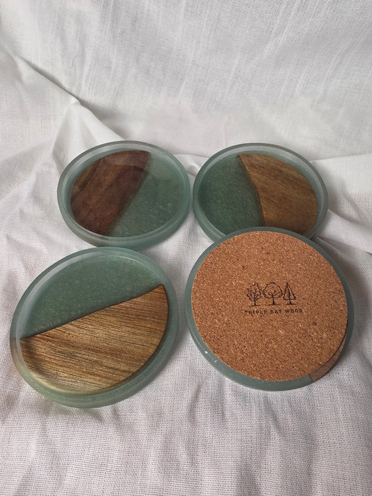 Handcrafted Acacia & Olive Green Resin Coasters